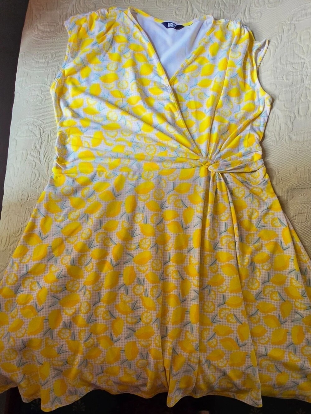 Land's End dress yellow lemons jersey cotton v-neck L XL sleeveless side knot